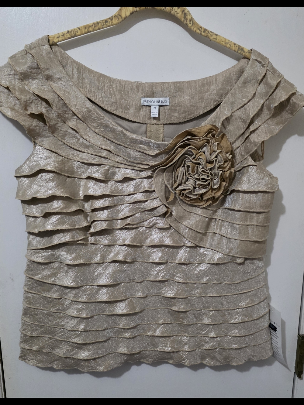 Fashion Bug Shimmery Gold Ruffle Top with Flower Accent